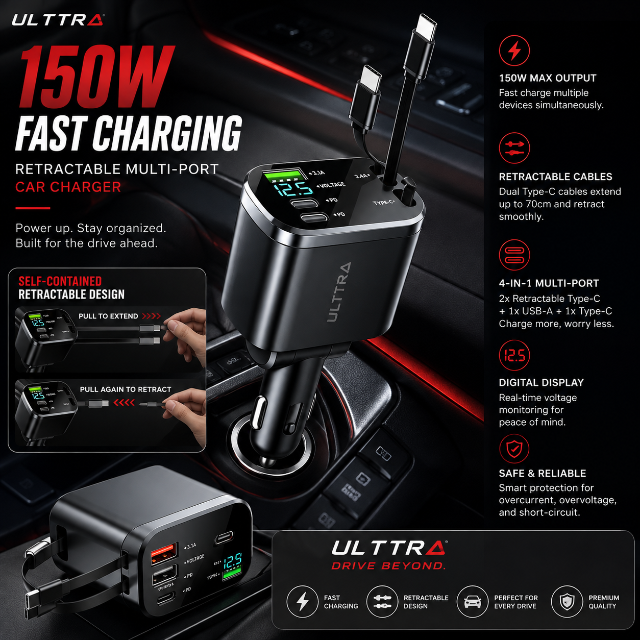 ULTTRA ChargeDrive™  Retractable Multi-Port Car Charger